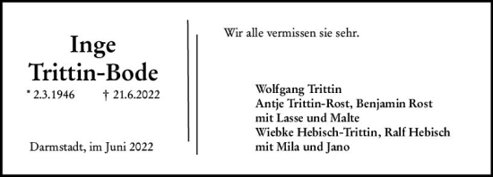 Traueranzeige von Inge Trittin-Bode von vrm-trauer Darmstädter Echo