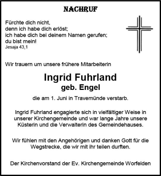 Traueranzeige von Ingrid Fuhrland von vrm-trauer Groß-Gerauer Echo