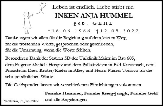 Traueranzeige von Inken Anja Hummel von vrm-trauer Allgemeine Zeitung Alzey