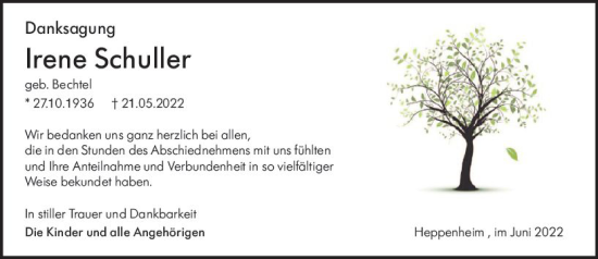 Traueranzeige von Irene Schuller von vrm-trauer Bürstädter/Lamperth. Ztg/Starkenburger