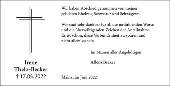Traueranzeige von Irene Thelo-Becker von vrm-trauer Odenwälder Echo