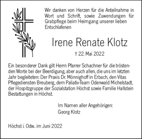 Traueranzeige von Irene Renate Klotz von vrm-trauer Odenwälder Echo
