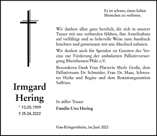 Traueranzeige von Irmgard Hering von vrm-trauer Allgemeine Zeitung Alzey