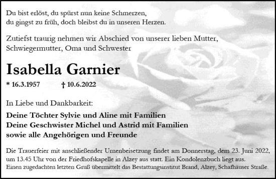 Traueranzeige von Isabella Garnier von vrm-trauer Allgemeine Zeitung Alzey