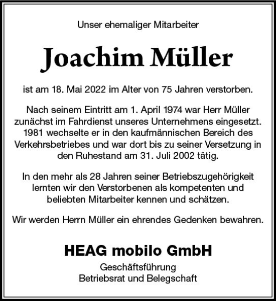 Traueranzeige von Joachim Müller von vrm-trauer Darmstädter Echo