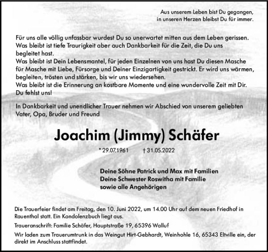 Traueranzeige von Joachim Schäfer von vrm-trauer Wiesbadener Kurier
