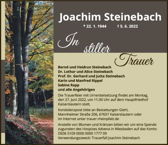 Traueranzeige von Joachim Steinebach von vrm-trauer Wiesbadener Kurier