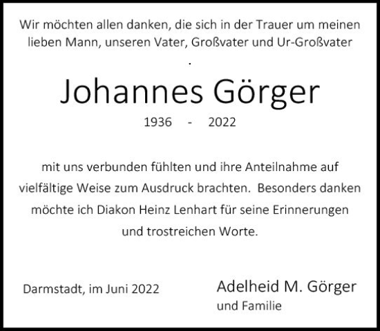 Traueranzeige von Johannes Görger von vrm-trauer Darmstädter Echo