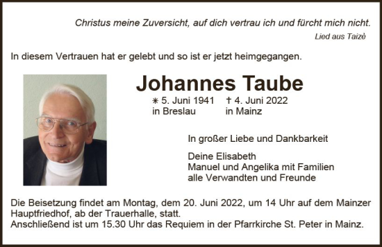 Traueranzeige von Johannes Taube von vrm-trauer Allgemeine Zeitung Alzey