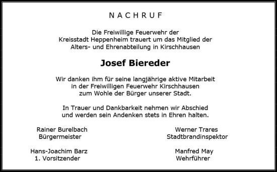 Traueranzeige von Josef Biereder von vrm-trauer Bürstädter/Lamperth. Ztg/Starkenburger