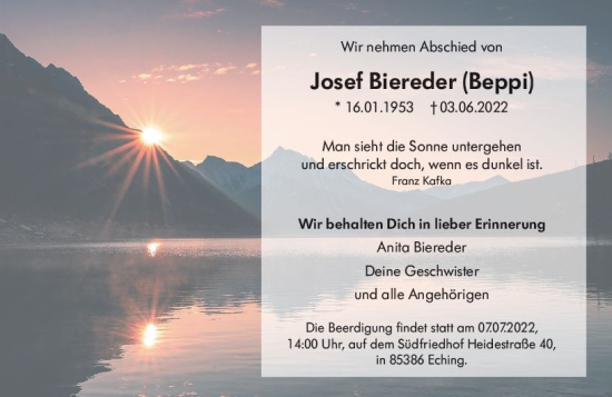 Traueranzeige von Josef Biereder von vrm-trauer Bürstädter/Lamperth. Ztg/Starkenburger
