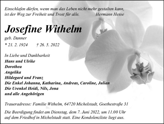 Traueranzeige von Josefine Withelm von vrm-trauer Odenwälder Echo