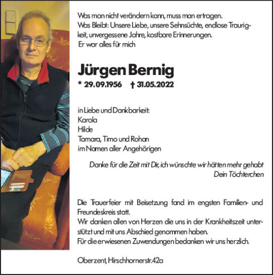 Traueranzeige von Jürgen Bernig von vrm-trauer Odenwälder Echo