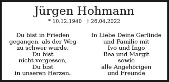 Traueranzeige von Jürgen Hohmann von vrm-trauer Wiesbadener Kurier