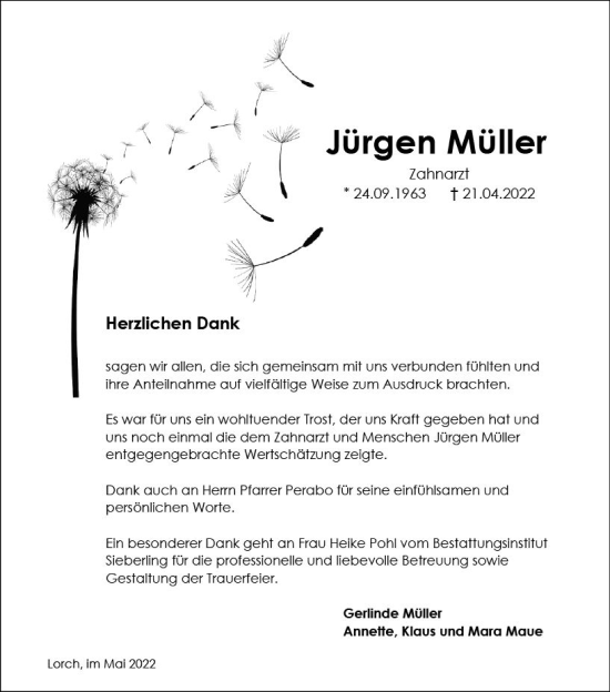 Traueranzeige von Jürgen Müller von vrm-trauer Wiesbadener Kurier