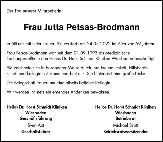 Traueranzeige von Jutta Petsas-Brodmann von vrm-trauer Wiesbadener Kurier