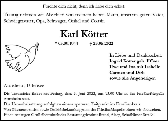 Traueranzeige von Karl Kötter von vrm-trauer Allgemeine Zeitung Alzey