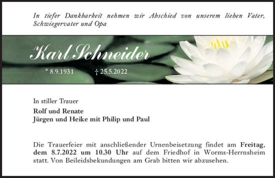 Traueranzeige von Karl Schneider von vrm-trauer Wormser Zeitung