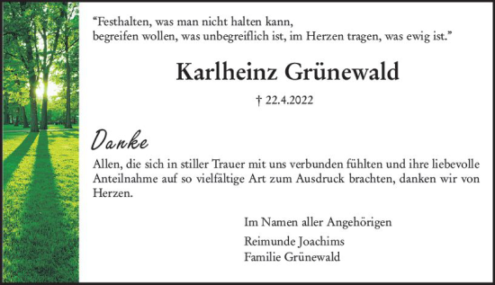Traueranzeige von Karlheinz Grünewald von vrm-trauer Wormser Zeitung