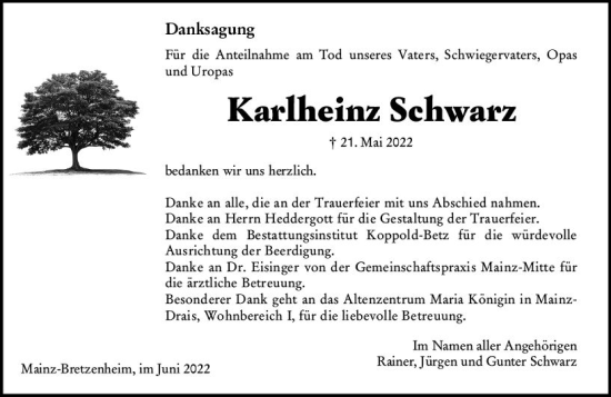 Traueranzeige von Karlheinz Schwarz von vrm-trauer AZ Mainz