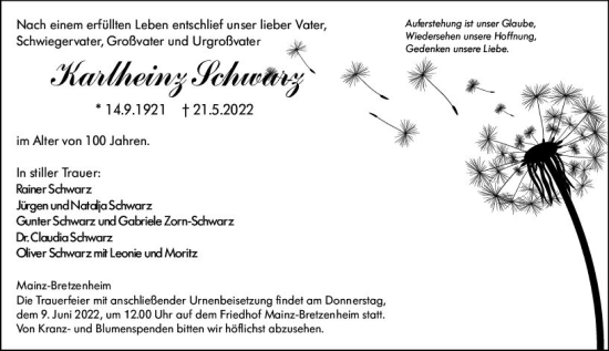 Traueranzeige von Karlheinz Schwarz von vrm-trauer AZ Mainz
