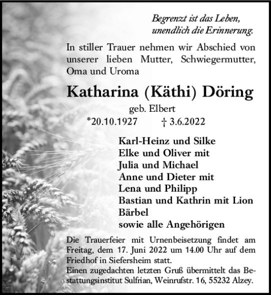 Traueranzeige von Katharina Döring von vrm-trauer Allgemeine Zeitung Alzey