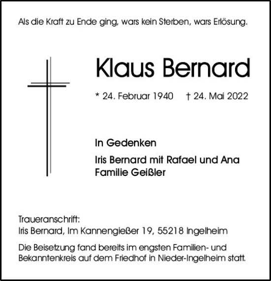 Traueranzeige von Klaus Bernard von vrm-trauer Allgemeine  Zeitung Ingelheim-Bingen