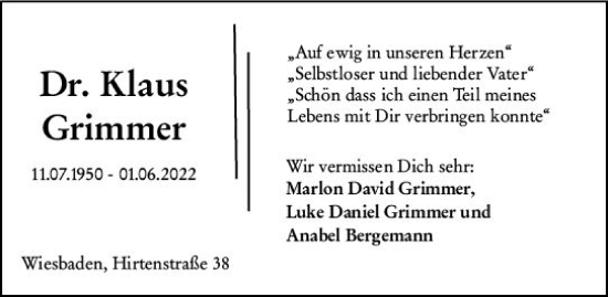 Traueranzeige von Klaus Grimmer von vrm-trauer Wiesbadener Kurier