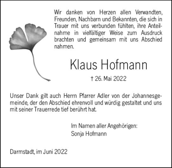 Traueranzeige von Klaus Hofmann von vrm-trauer Darmstädter Echo