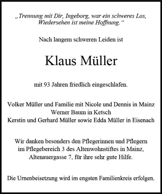 Traueranzeige von Klaus Müller von vrm-trauer AZ Mainz