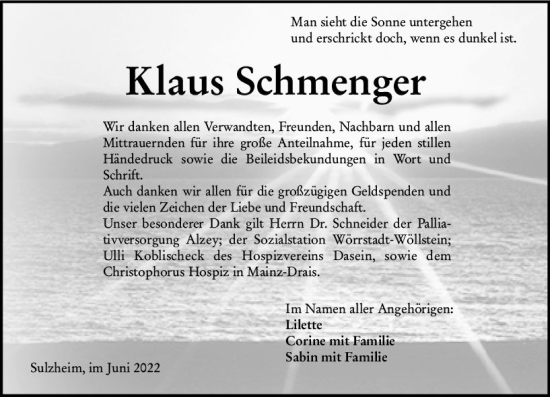 Traueranzeige von Klaus Schmenger von vrm-trauer AZ Mainz
