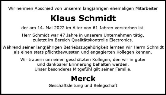 Traueranzeige von Klaus Schmidt von vrm-trauer Darmstädter Echo