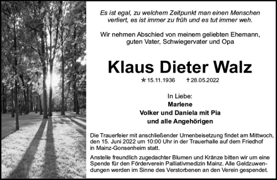 Traueranzeige von Klaus Dieter Walz von vrm-trauer AZ Mainz
