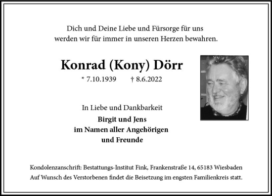 Traueranzeige von Konrad Dörr von vrm-trauer Wiesbadener Kurier