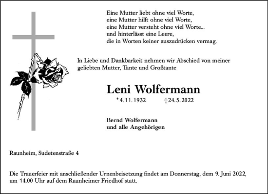 Traueranzeige von Leni Wolfermann von vrm-trauer Rüsselsheimer Echo / MainSpitze
