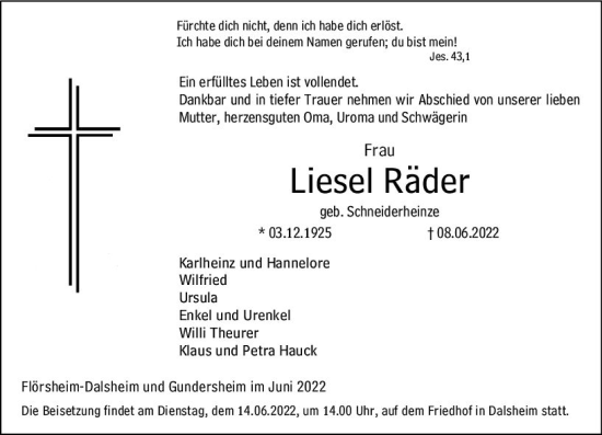 Traueranzeige von Liesel Räder von vrm-trauer Wormser Zeitung