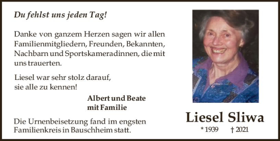 Traueranzeige von Liesel Sliwa von vrm-trauer Rüsselsheimer Echo / MainSpitze