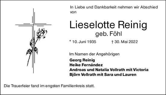Traueranzeige von Lieselotte Reinig von vrm-trauer Darmstädter Echo