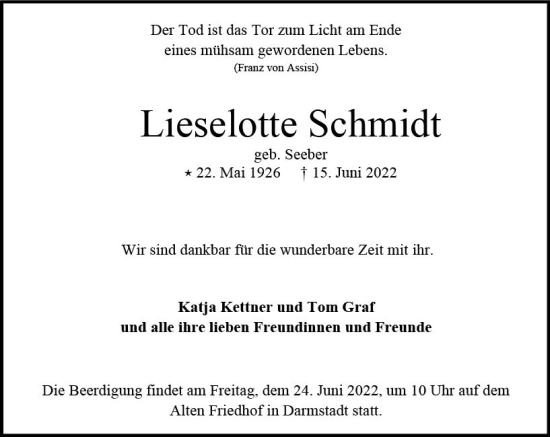 Traueranzeige von Lieselotte Schmidt von vrm-trauer Darmstädter Echo