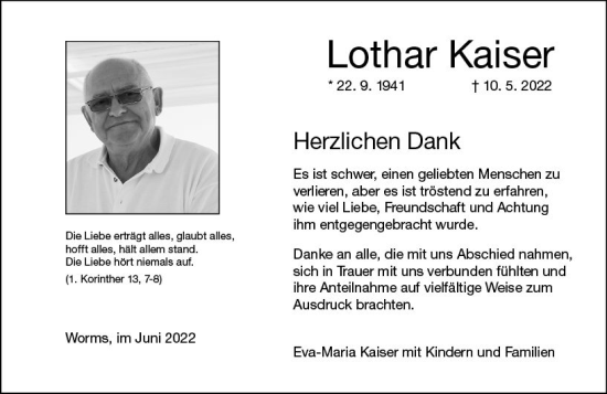 Traueranzeige von Lothar Kaiser von vrm-trauer Wormser Zeitung