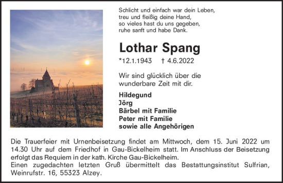 Traueranzeige von Lothar Spang von vrm-trauer Allgemeine Zeitung Alzey