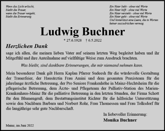 Traueranzeige von Ludwig Buchner von vrm-trauer AZ Mainz