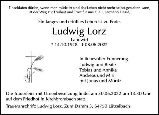 Traueranzeige von Ludwig Lorz von vrm-trauer Odenwälder Echo