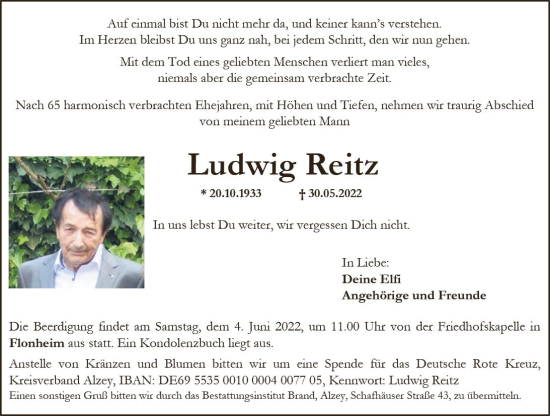 Traueranzeige von Ludwig Reitz von vrm-trauer Allgemeine Zeitung Alzey