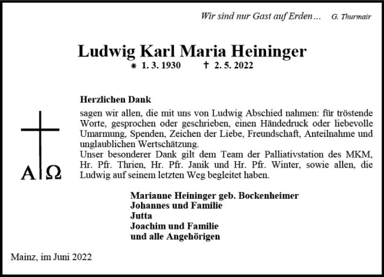 Traueranzeige von Ludwig Karl Maria Heininger von vrm-trauer AZ Mainz