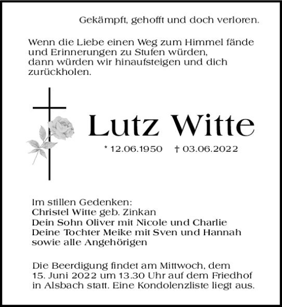 Traueranzeige von Lutz Witte von vrm-trauer Darmstädter Echo