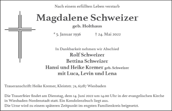 Traueranzeige von Magdalene Schweizer von vrm-trauer Wiesbadener Kurier
