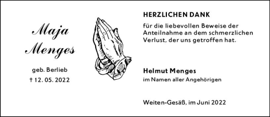 Traueranzeige von Maja Menges von vrm-trauer Odenwälder Echo