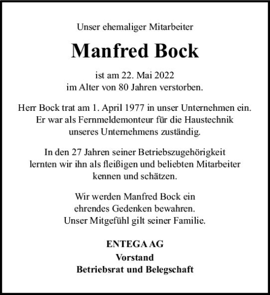 Traueranzeige von Manfred Bock von vrm-trauer Odenwälder Echo