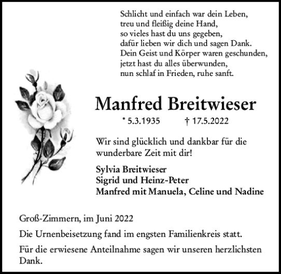 Traueranzeige von Manfred Breitwieser von vrm-trauer DieburgerAnzeiger/Groß-Zimmerner Lokala
